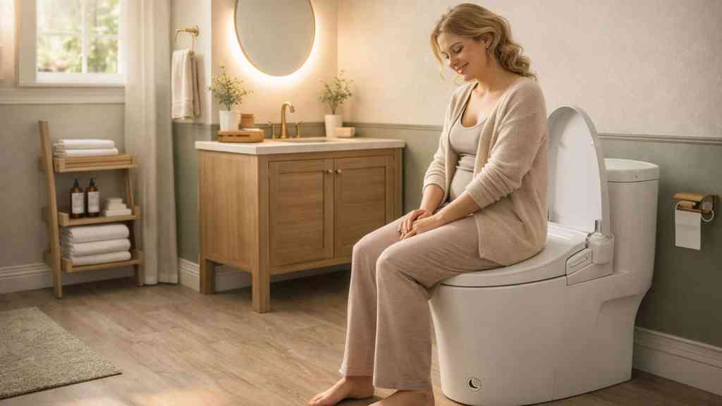 peaceful postpartum mom enjoying quiet self-care in modern cozy bathroom