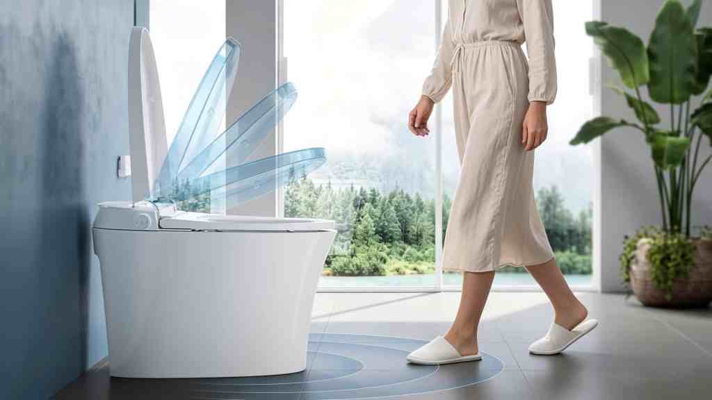 A person walks into a modern bathroom featuring a smart toilet with bidet. As they approach, the lid automatically opens for a completely hands-free experience. After use, the user walks away and the lid automatically closes, providing enhanced convenience, hygiene, and everyday comfort.