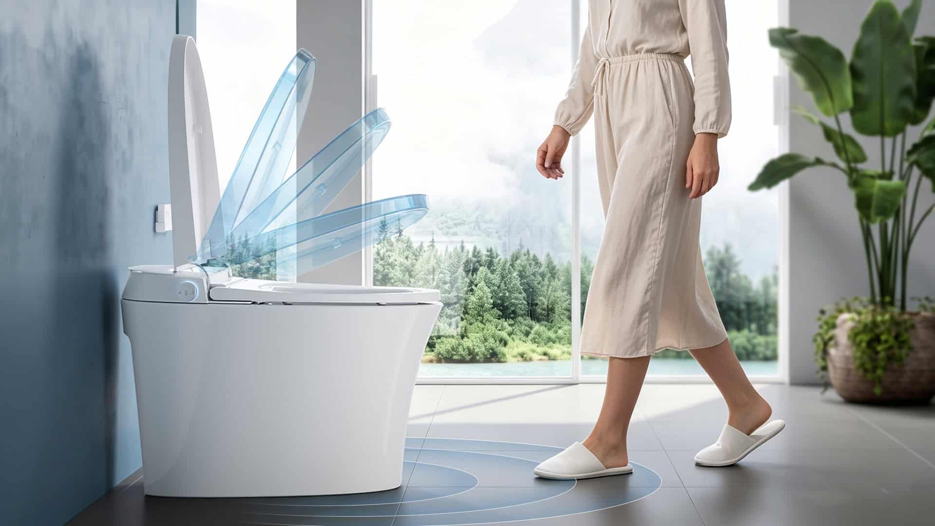 A person walks into a modern bathroom featuring a smart toilet with bidet. As they approach, the lid automatically opens for a completely hands-free experience. After use, the user walks away and the lid automatically closes, providing enhanced convenience, hygiene, and everyday comfort.
