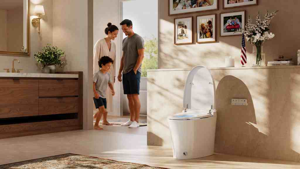 Warm and inviting modern bathroom featuring a smart toilet, soft natural lighting, elegant décor, and a clean, comfortable atmosphere designed for everyday family comfort, hygiene, and relaxation.