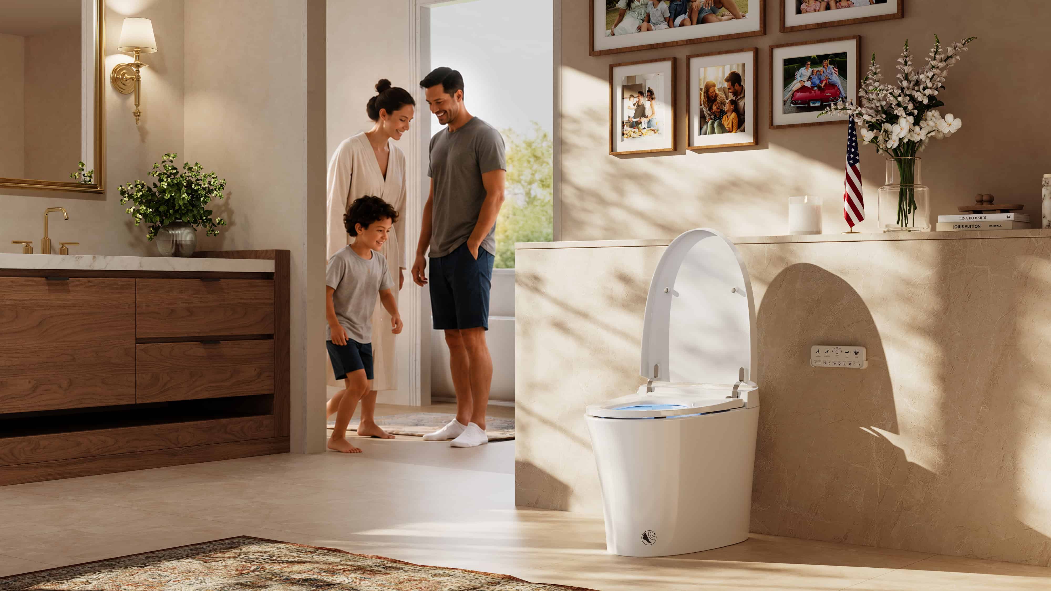 Warm and inviting modern bathroom featuring a smart toilet, soft natural lighting, elegant décor, and a clean, comfortable atmosphere designed for everyday family comfort, hygiene, and relaxation.