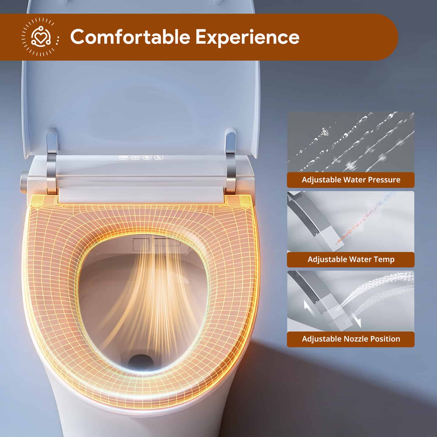 Uncle Brown modern bidet toilet with adjustable water pressure, temperature, and nozzle position for comfort.