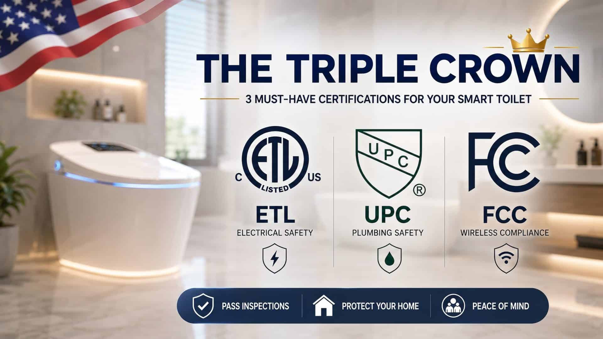 Uncle Brown smart toilet showcasing ETL, UPC, and FCC certifications for safety and compliance.